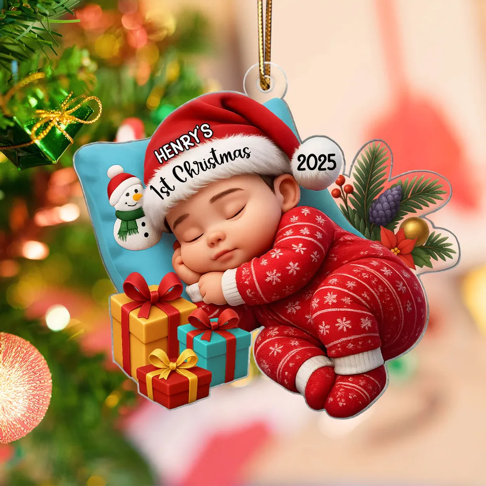 Sleeping Baby in Christmas Cheer Personalized Acrylic Ornament, Baby's 1st Christmas Keepsake, Baby Gift from Grandparents