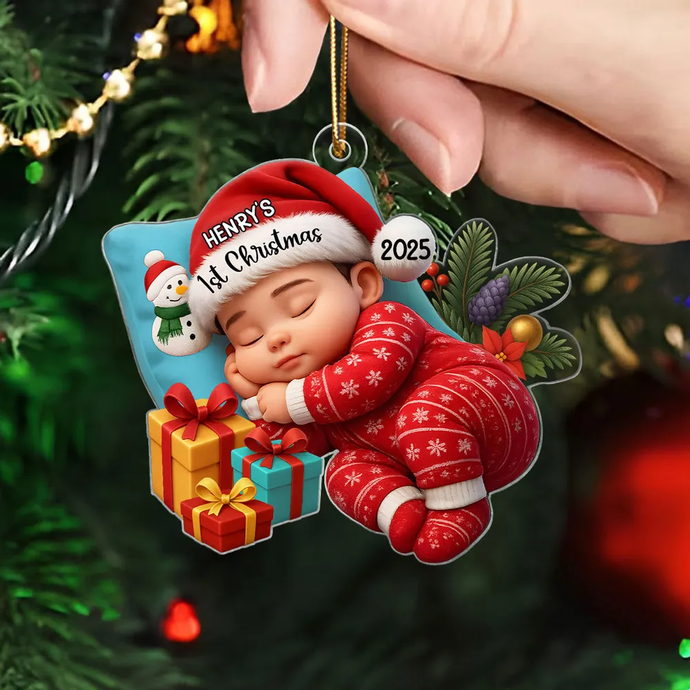 Sleeping Baby in Christmas Cheer Personalized Acrylic Ornament, Baby's 1st Christmas Keepsake, Baby Gift from Grandparents
