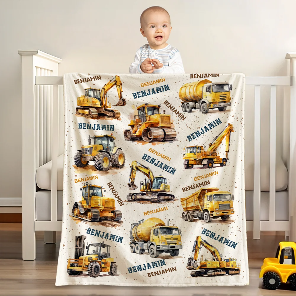Personalised Construction Lorrys Soft Throw Blanket with Name Home Decor Birthday Gift for Boys Lorry Lovers