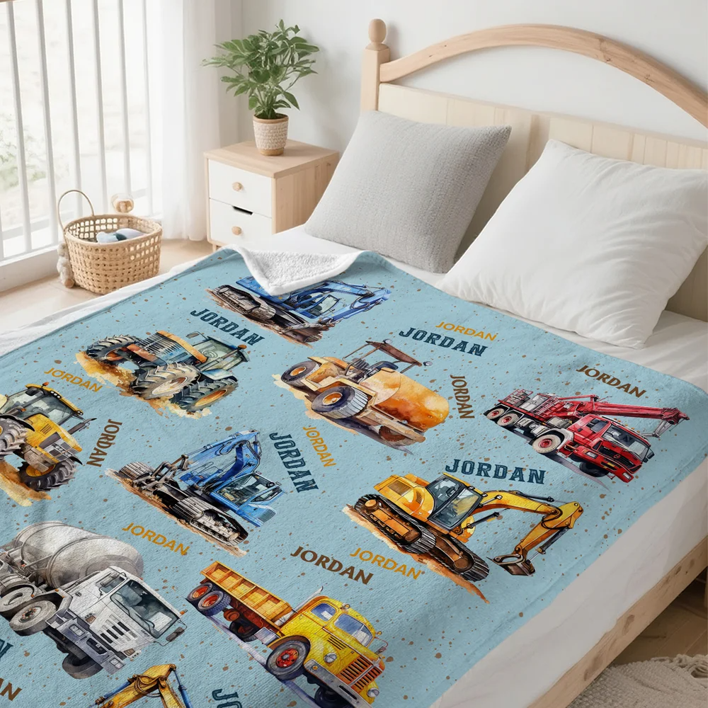 Personalised Construction Lorrys Soft Throw Blanket with Name Home Decor Birthday Gift for Boys Lorry Lovers
