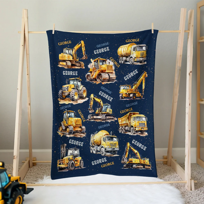 Personalised Construction Lorrys Soft Throw Blanket with Name Home Decor Birthday Gift for Boys Lorry Lovers