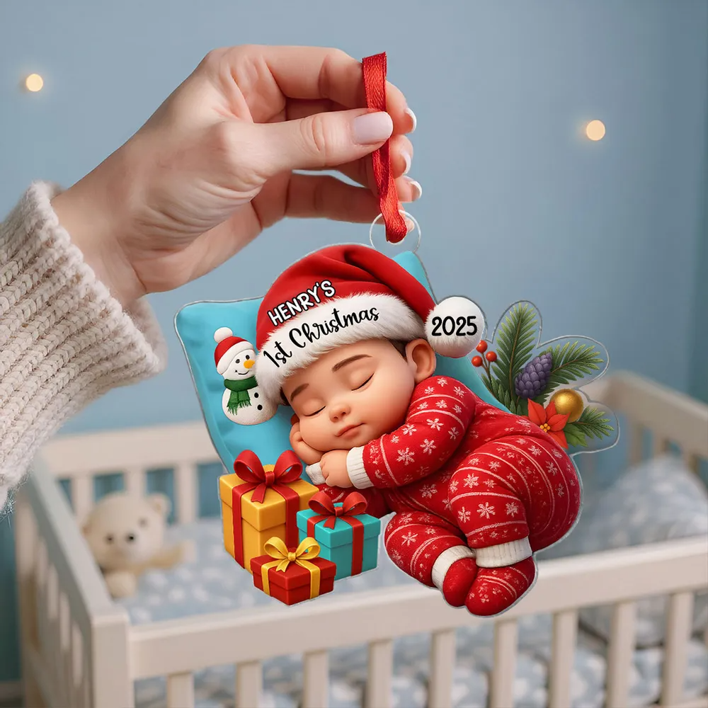 Sleeping Baby in Christmas Cheer Personalized Acrylic Ornament, Baby's 1st Christmas Keepsake, Baby Gift from Grandparents
