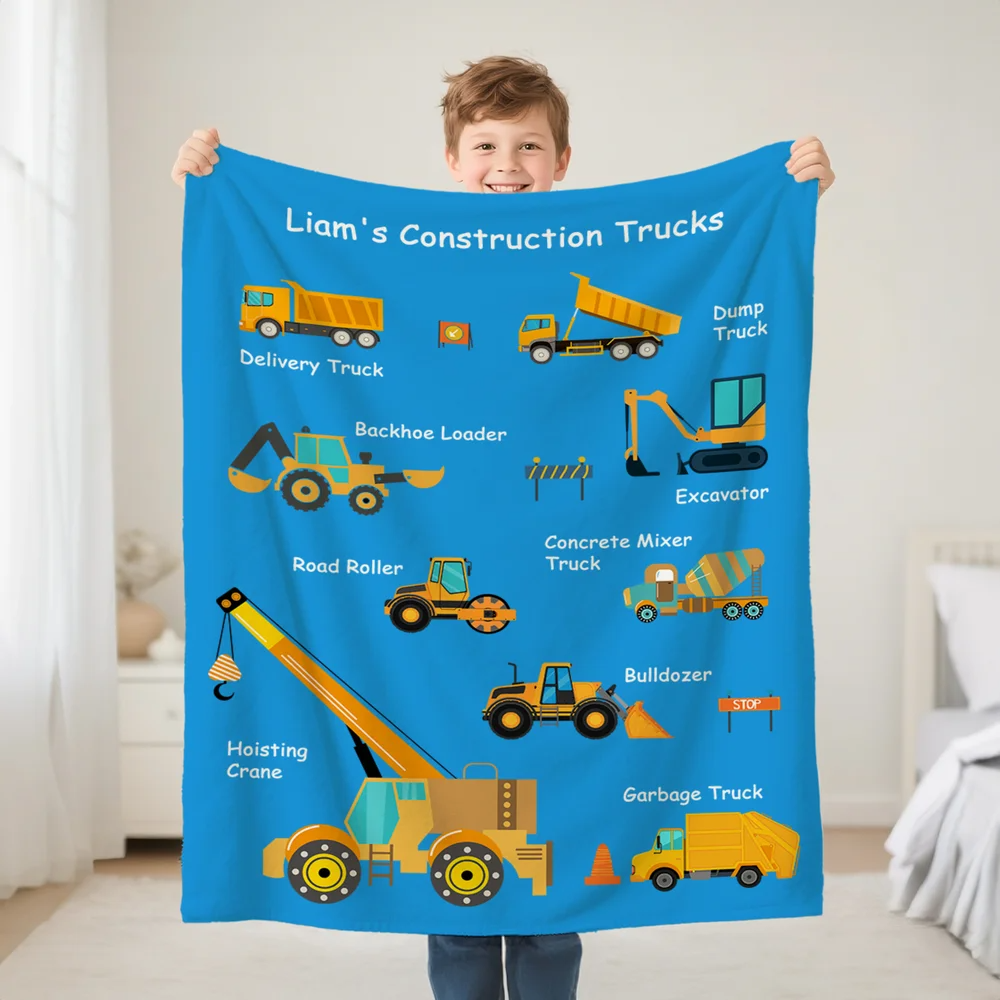 Personalised Cartoon Construction Lorrys Soft Throw Blanket with Text Home Decor Birthday Gift for Boys Lorry Lovers- Personalized Fleece Blanket, Sherpa Blanket