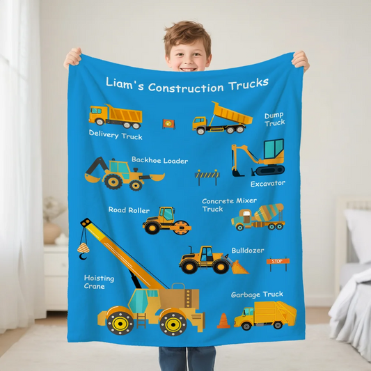 Personalised Cartoon Construction Lorrys Soft Throw Blanket with Text Home Decor Birthday Gift for Boys Lorry Lovers- Personalized Fleece Blanket, Sherpa Blanket