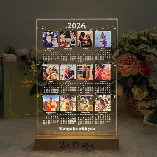 Custom Photo 2026 Calendar Always Be With You - Gift For Couples - Personalized 3D Led Light Wooden Base
